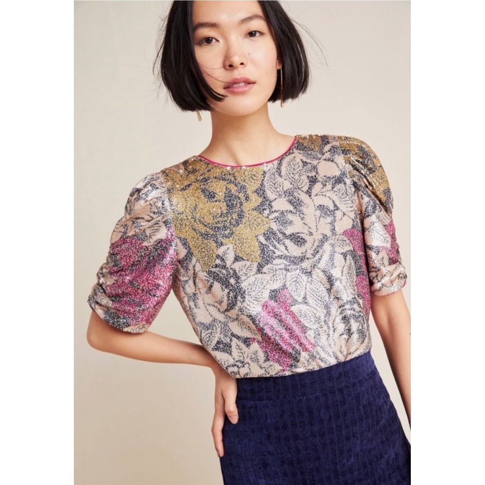 Anthropologie Sequin Floral Romantic Maximalist Puff Sleeve Top Size 8 Gold Pink